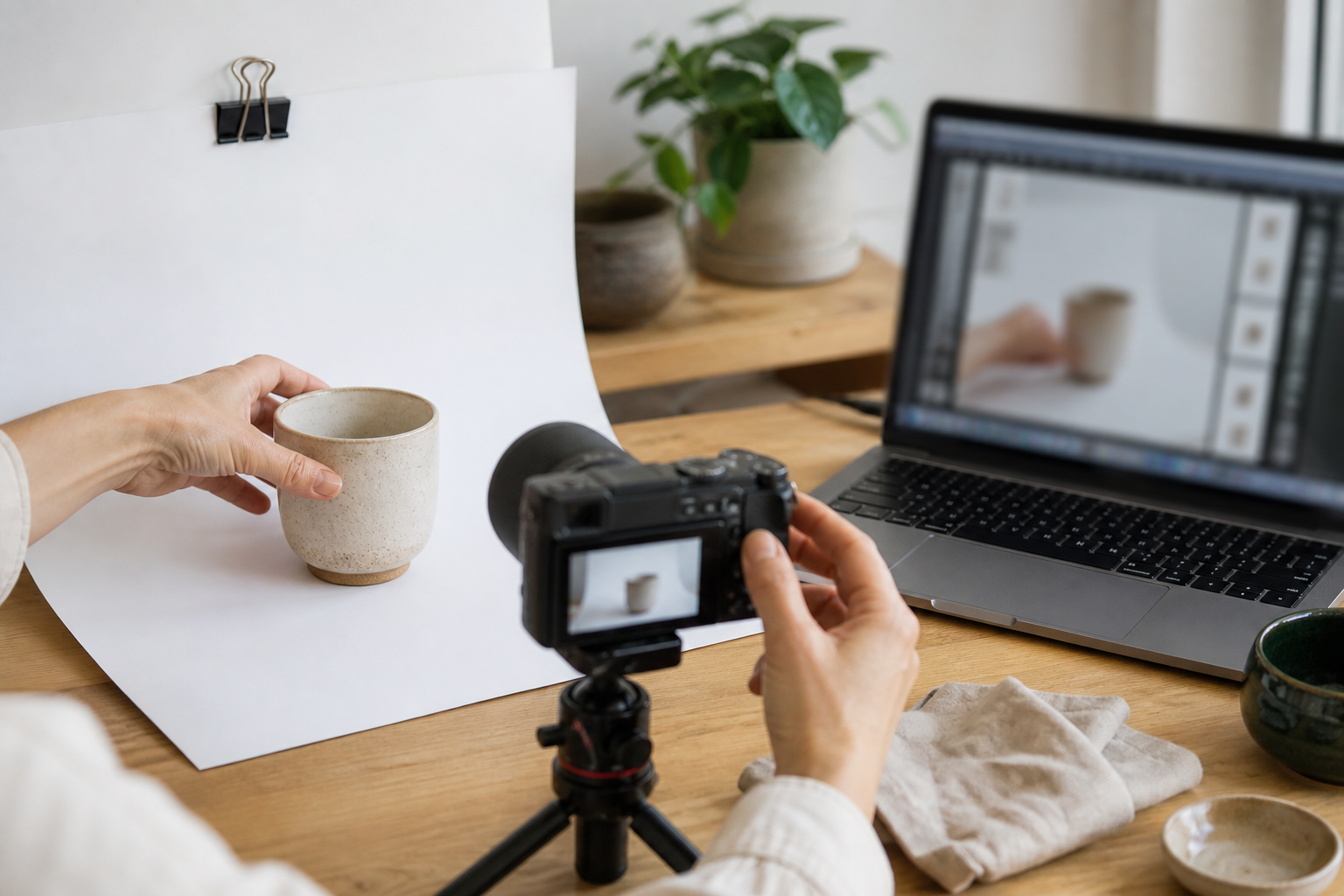 Seller preparing a ceramic product photograph beside a laptop